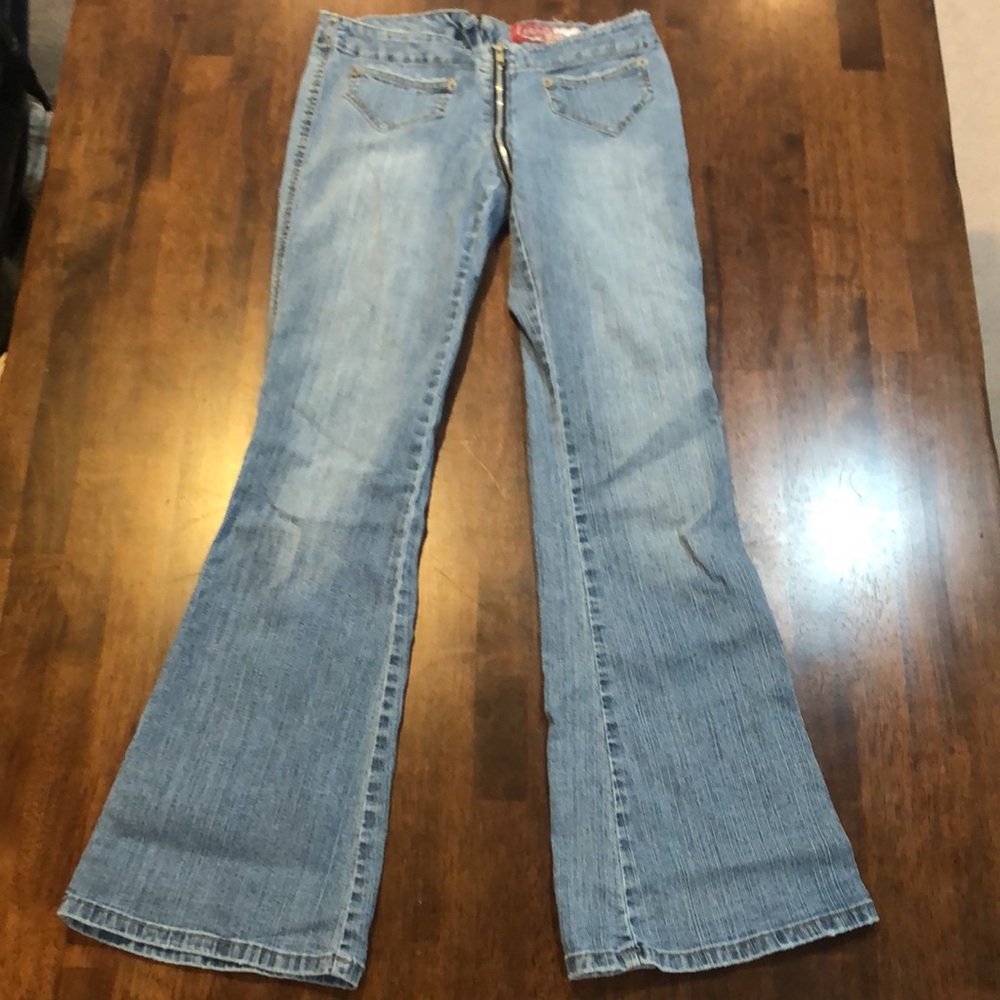 Vintage Y2K Lazer Jeans Full Crotch Front to Back Zipper Flare Denim Jeans Sz 3